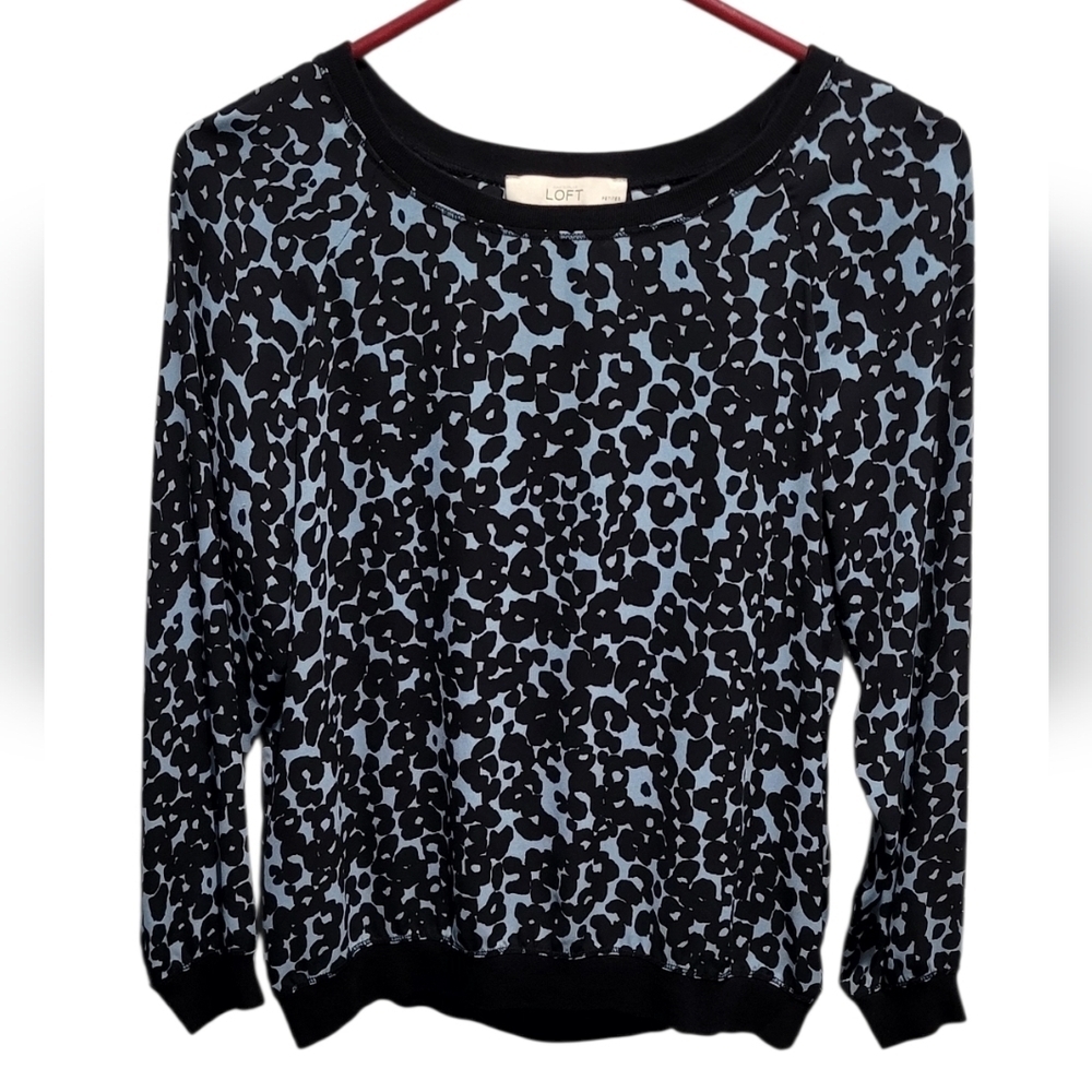 LOFT Petite Blue & Black Leopard Print Long Sleeve Top Size Small